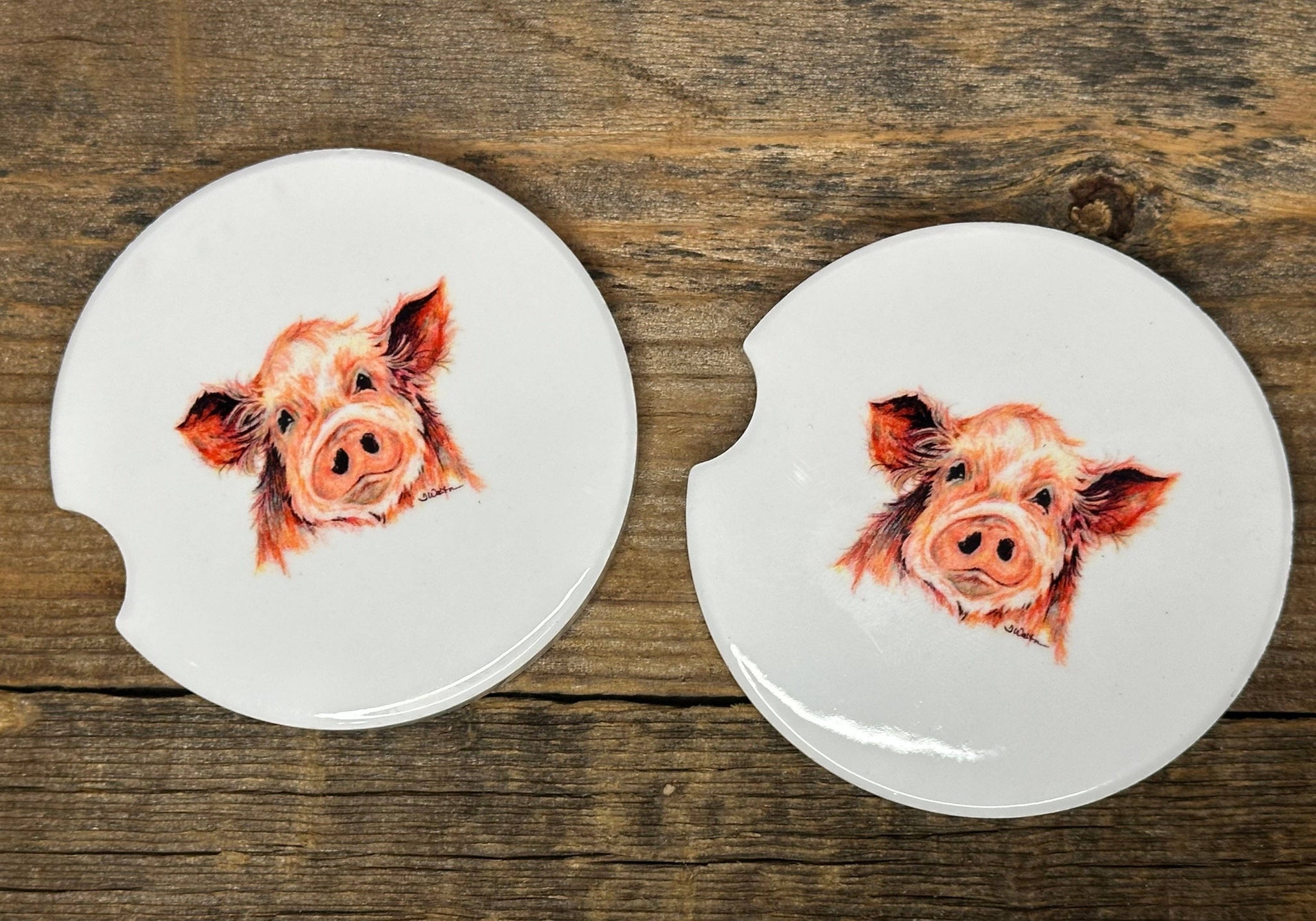 Set of 2 Original Art Pig Car Coasters by Terri
