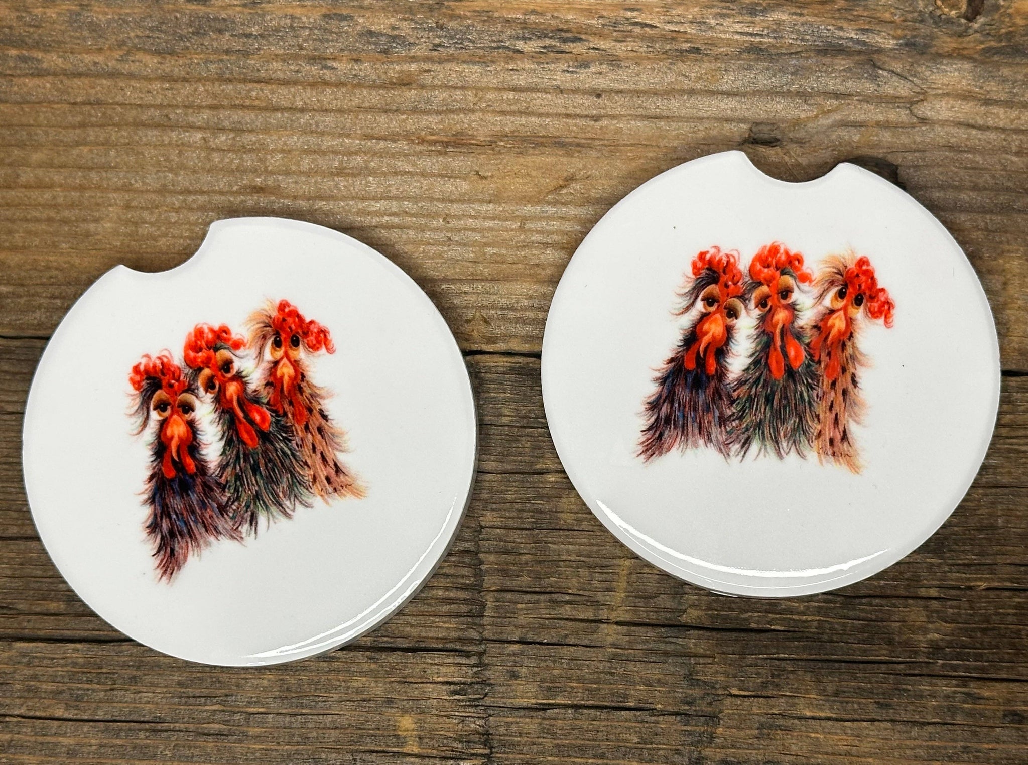 Set of 2 Original Art Chickens Car Coasters by Terri