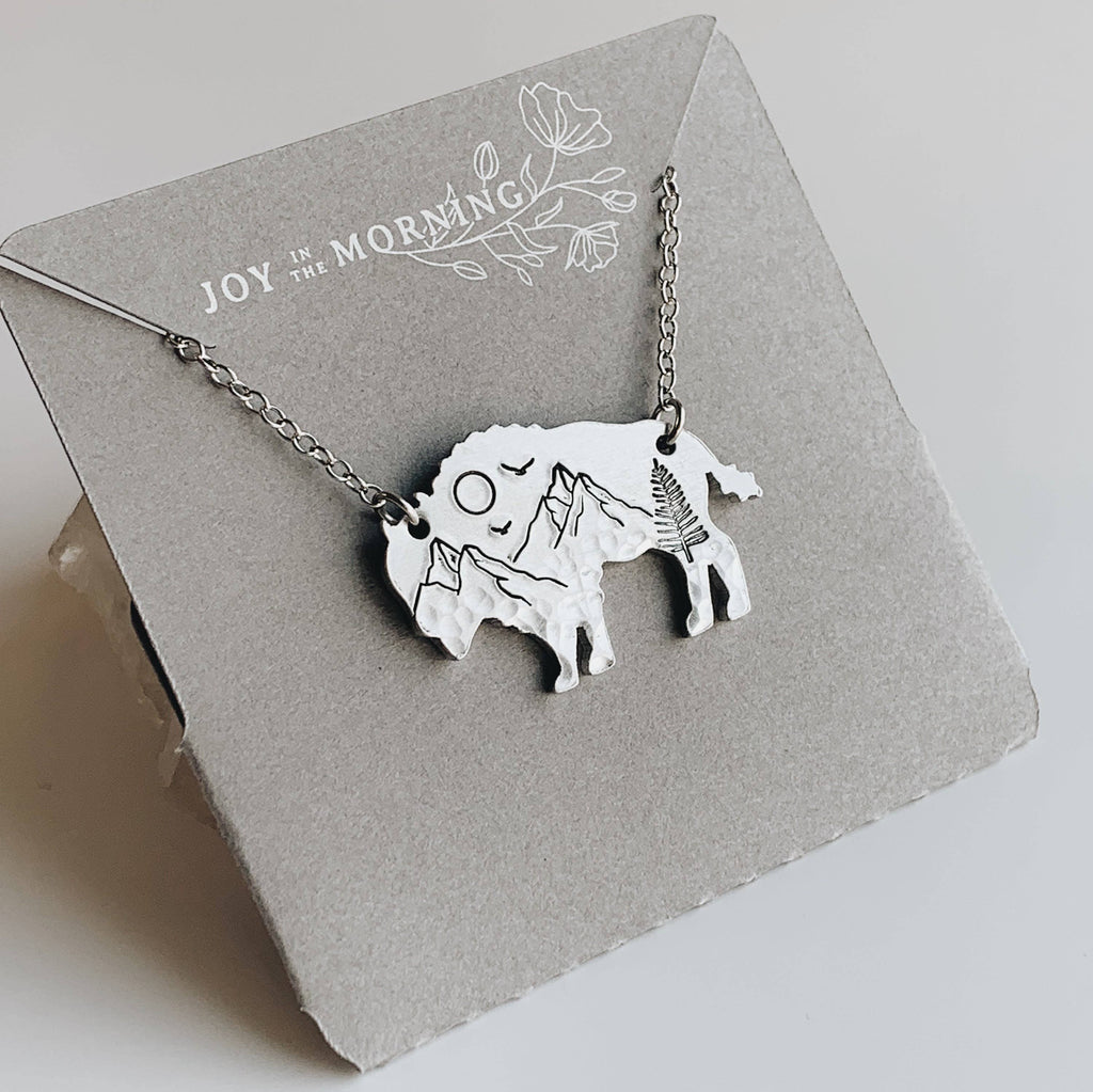 Mountain Bison Necklace, Buffalo, Hand Stamped Necklace: NuGold