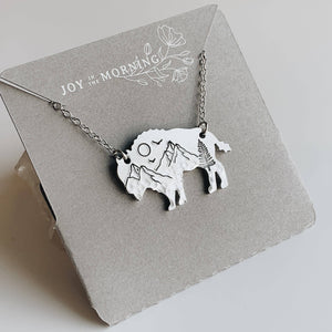 Mountain Bison Necklace, Buffalo, Hand Stamped Necklace: NuGold