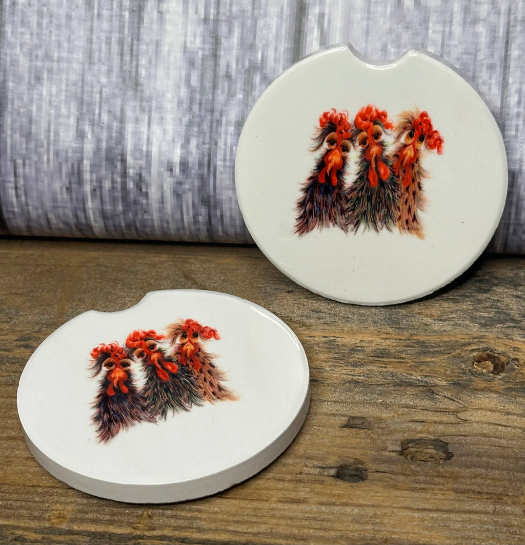 Set of 2 Original Art Chickens Car Coasters by Terri