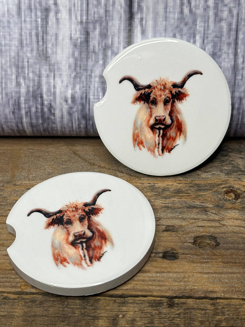 Set of 2 Original Art Cow with horns Car Coasters by Terri