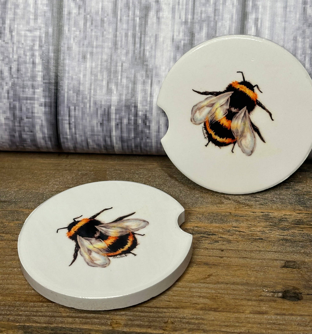 Set of 2 Original Art Bee Car Coasters by Terri