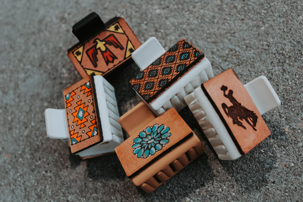 Turquoise Leather Claw Clip: Tan / Turquoise