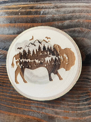 Bison Coaster, Aspen Wood, Laser Engraved, Buffalo Art