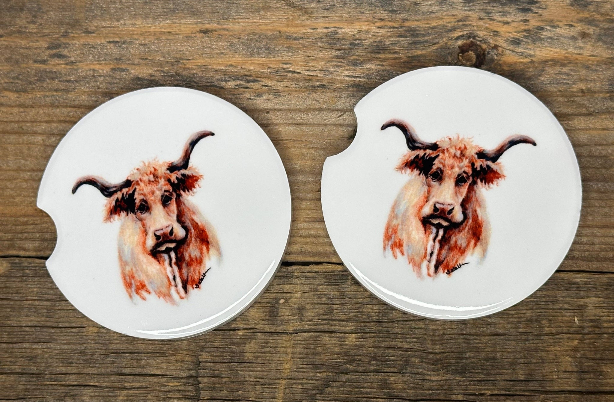 Set of 2 Original Art Cow with horns Car Coasters by Terri