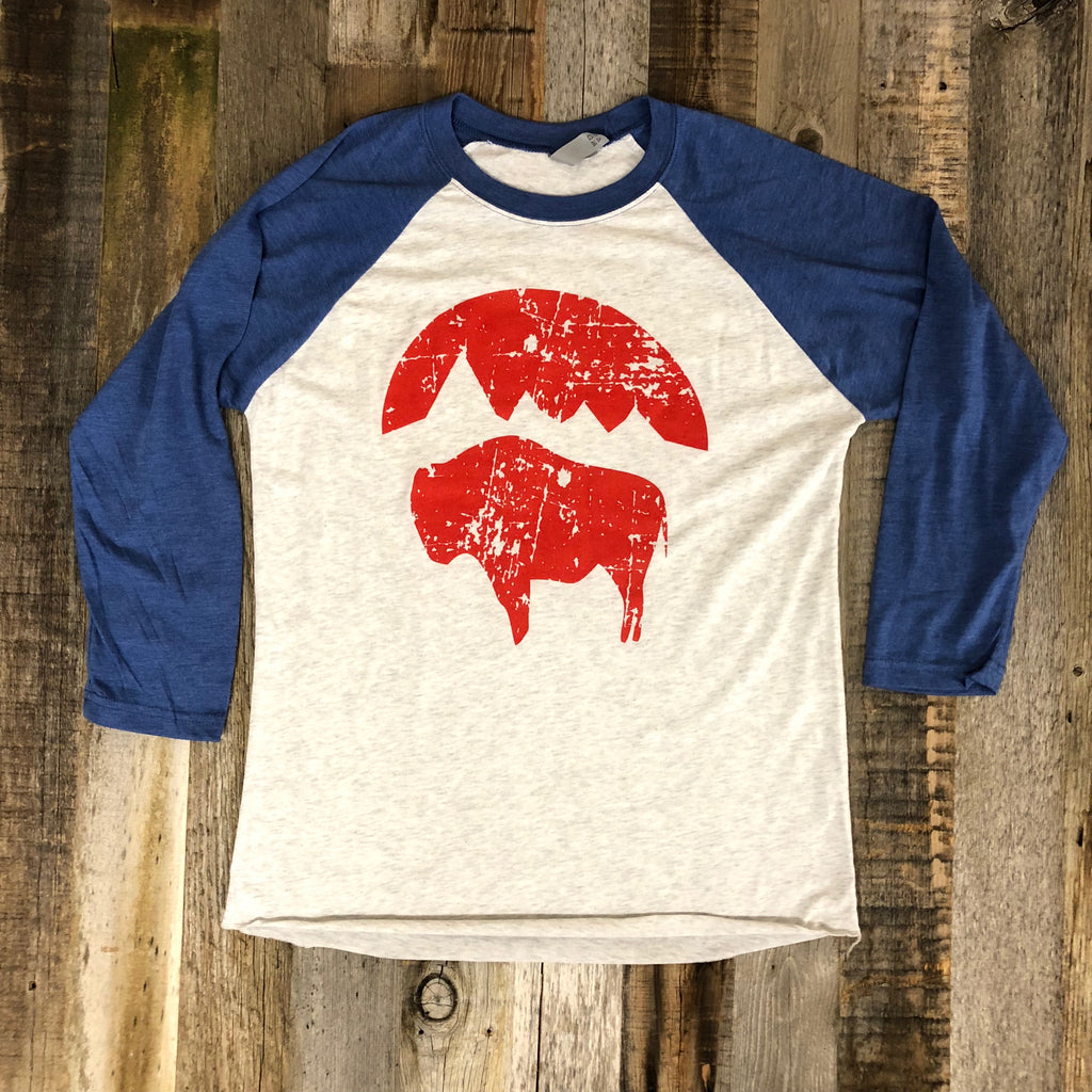Bison Moon Baseball Tee | WyoMade Apparel | Blue/Grey